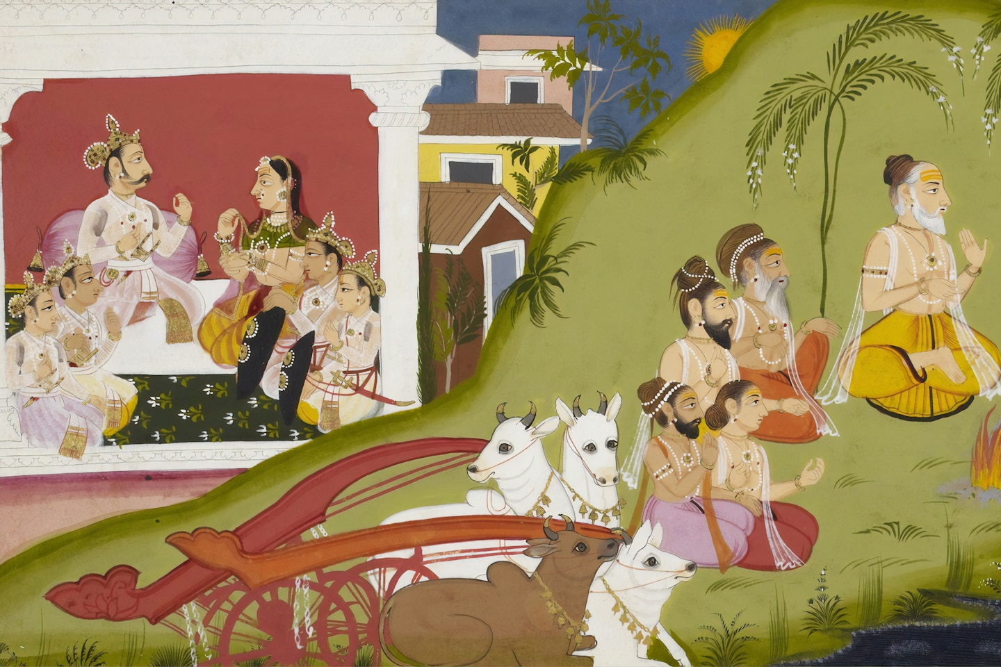 On the banks of the River Shona Rama, Lakshmana and Visvamitra rest and recite evening prayers. Visvamitra tells Rama about the history of the dynasty of King Kusha.King Kusha and his four sons are depicted seated in the pavilion on the left of the folio.
Image taken from Ramayana, Bala Kanda.
Originally published/produced in Udaipur, 1712.
